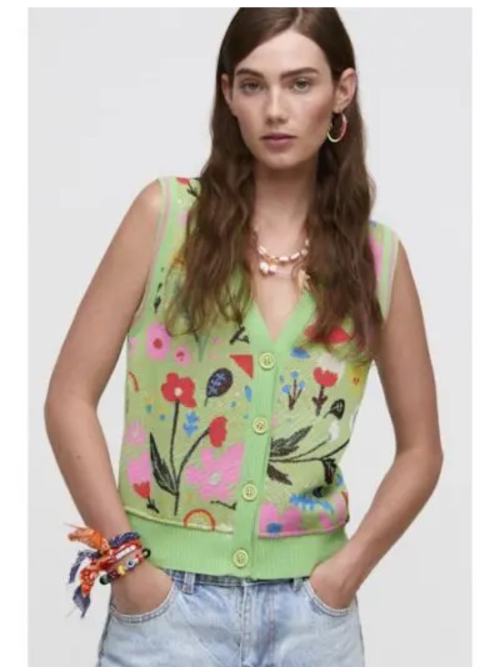 ALDO MARTINS Green Floral Knit Vest Small Like New! Spring Garden Bold